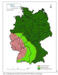 Der rot-weiß schraffierte Bereich der Karte unterliegt vollständig den BTV-Restriktionen nach dem neuen EU-Recht – Rheinland-Pfalz und das Saarland liegen somit weiterhin mit dem gesamten Landesgebiet im BTV-Restriktionsgebiet.
